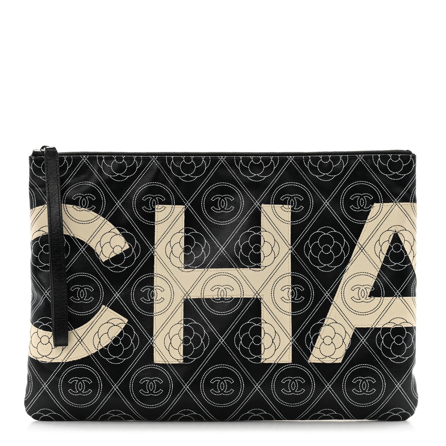 Coated Canvas Calfskin Camellia Printed Pouch Black Beige