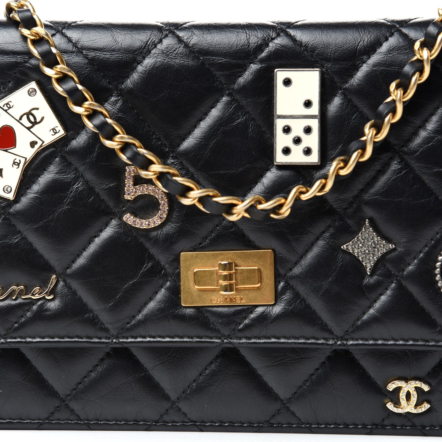 Aged Calfskin Lucky Charms Casino 2.55 Reissue Wallet on Chain WOC Black