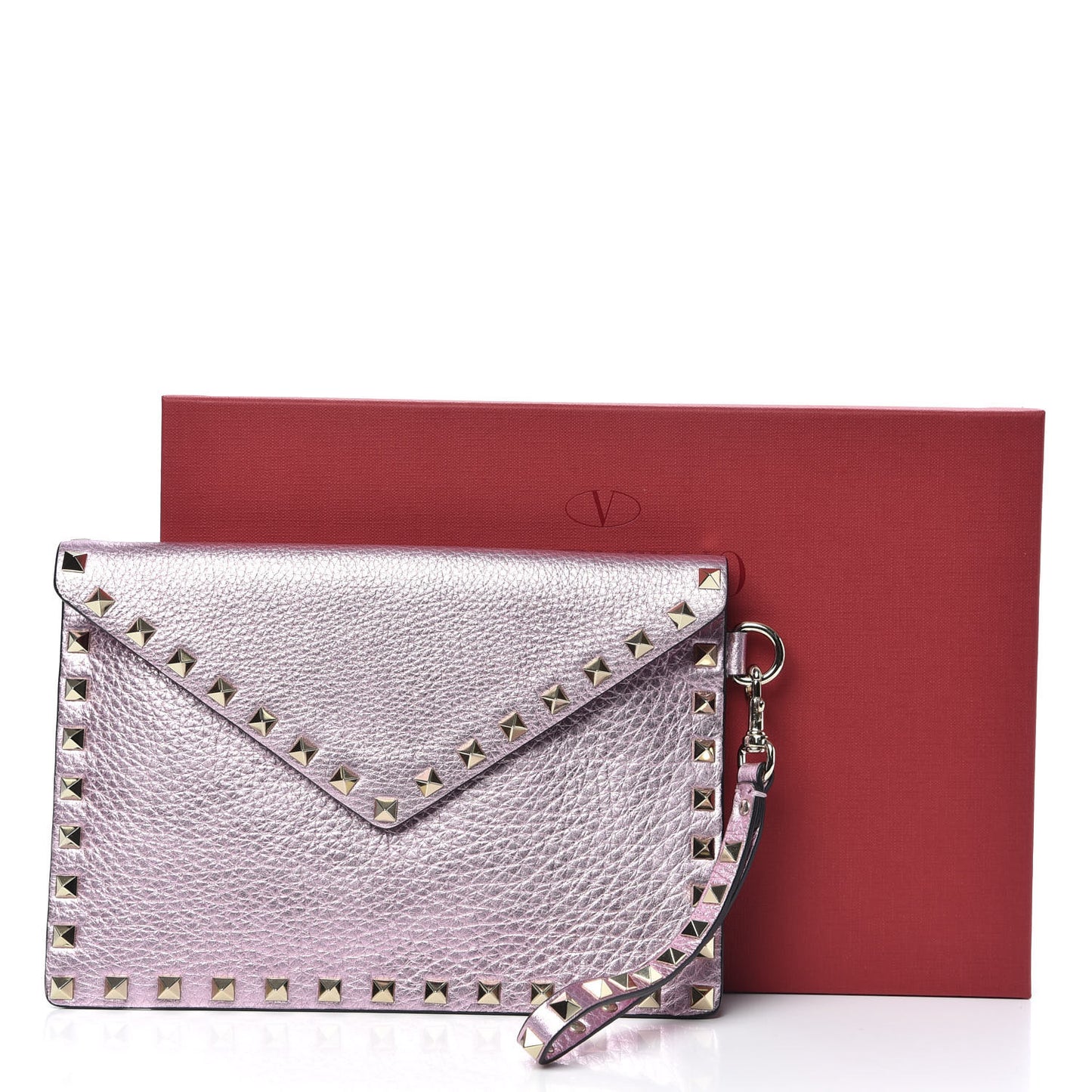 Metallic Pebbled Calfskin Medium Rockstud Envelope Flat Wristlet Pouch Giacinto
