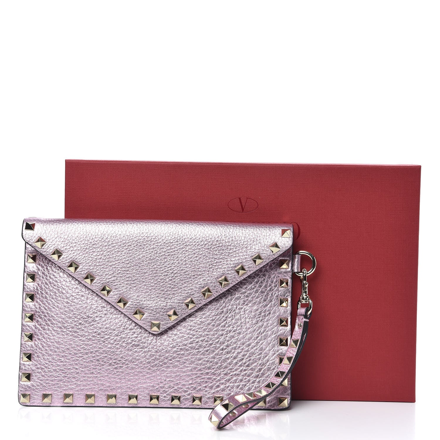 Valentino Garavani Metallic Pebbled Calfskin Medium Rockstud Envelope Flat Wristlet Pouch Giacinto 8 of 8