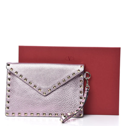 Valentino Garavani Metallic Pebbled Calfskin Medium Rockstud Envelope Flat Wristlet Pouch Giacinto 8 of 8