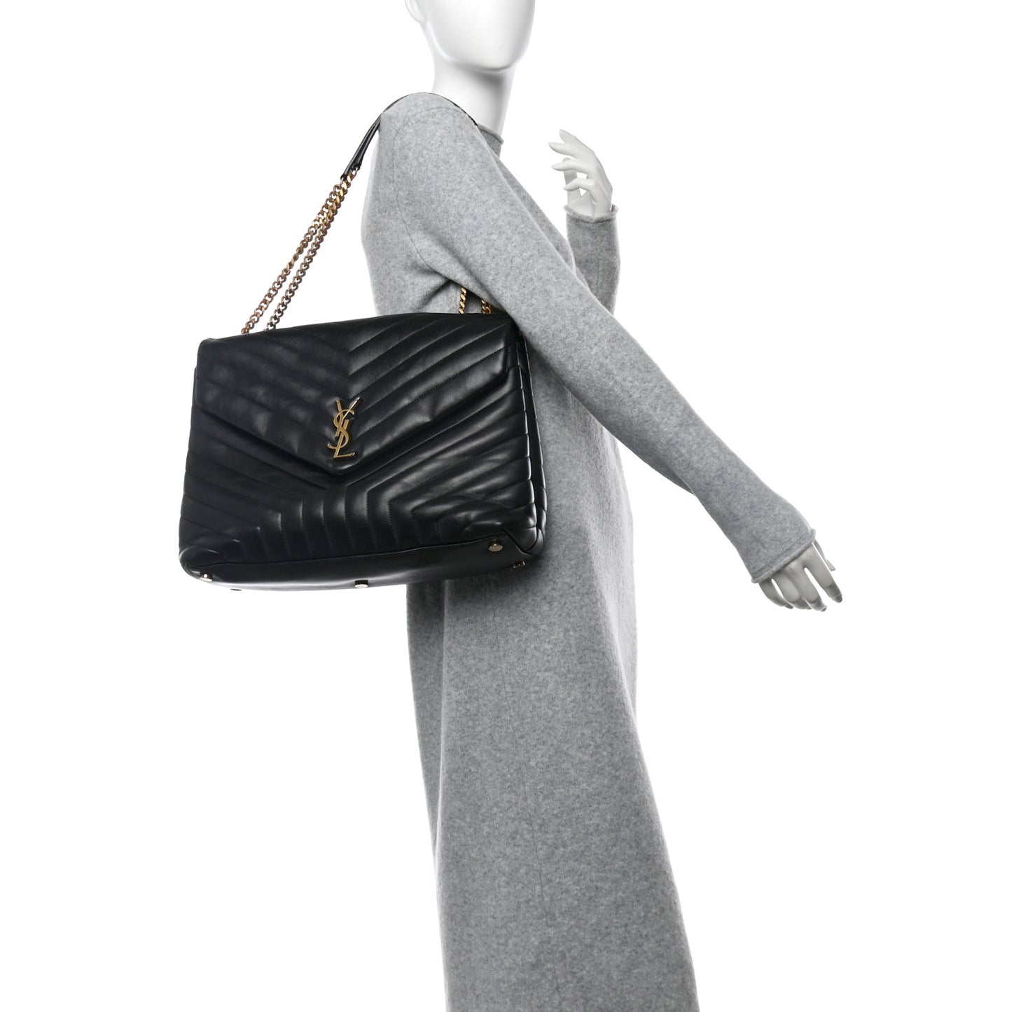 Calfskin Y Quilted Monogram Large Loulou Chain Satchel Black