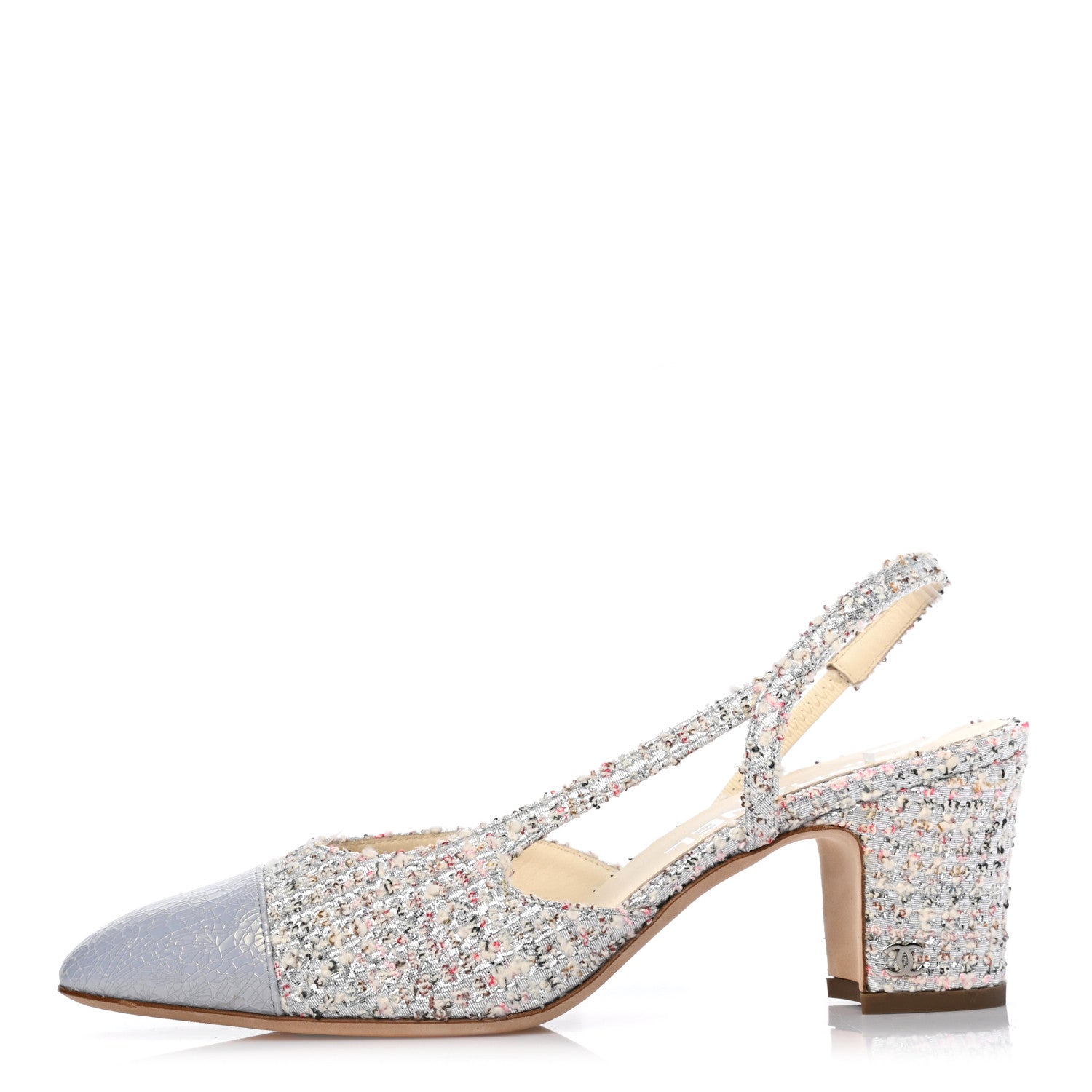 Chanel Tweed Cap Toe CC Slingback Pumps 38.5 Silver Grey 1 of 7