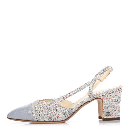 Chanel Tweed Cap Toe CC Slingback Pumps 38.5 Silver Grey 1 of 7