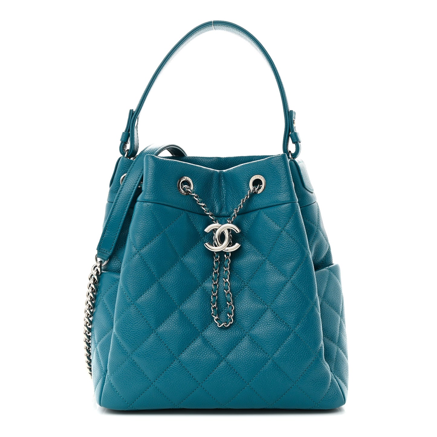 Caviar Flat Quilted CC Chain Bucket Drawstring Bag Blue