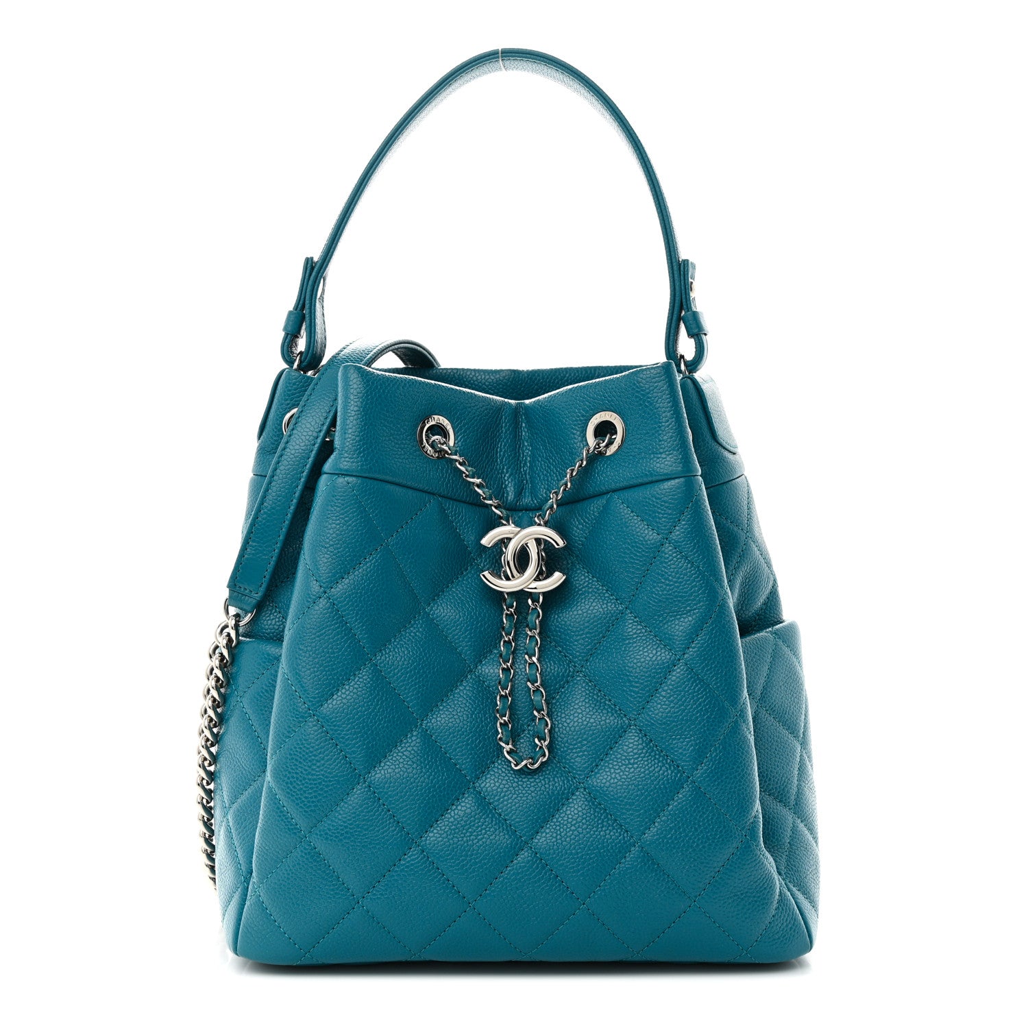 Chanel Caviar Flat Quilted CC Chain Bucket Drawstring Bag Blue 1 of 11