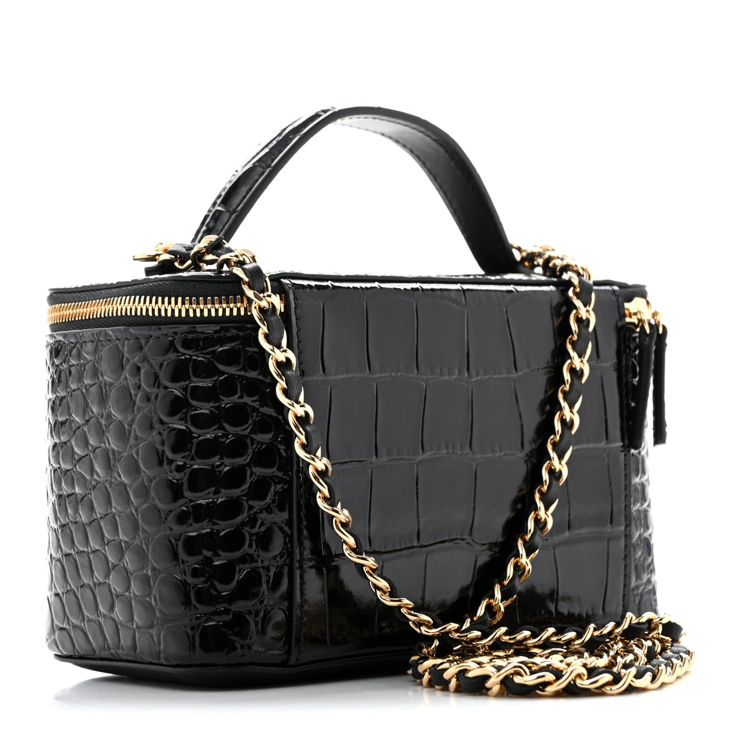 Calfskin Crocodile Embossed Exoticoco Small Top Handle Vanity Case With Chain Black