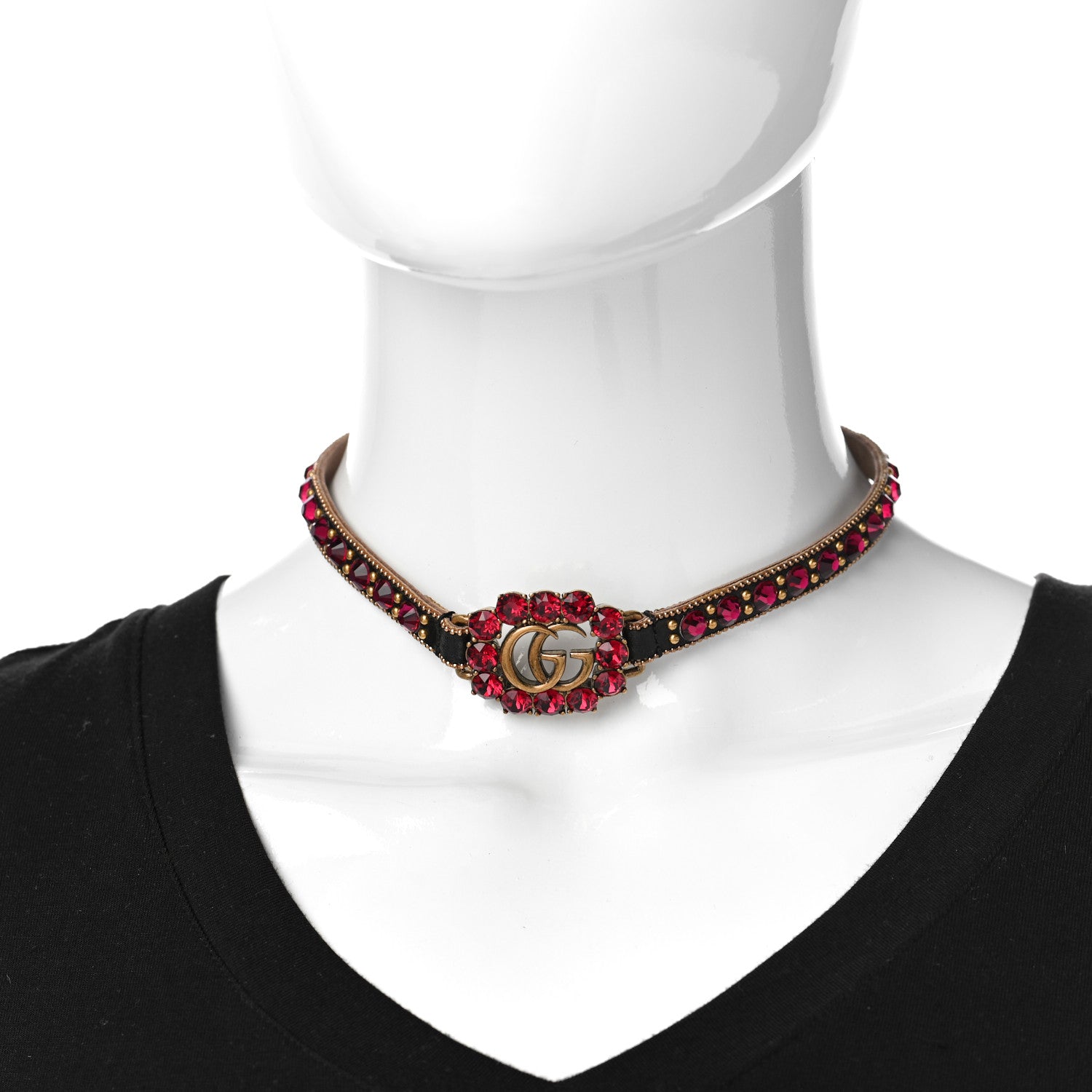 Gucci Calfskin Crystal Embellished Double G Choker Necklace Red 2 of 4