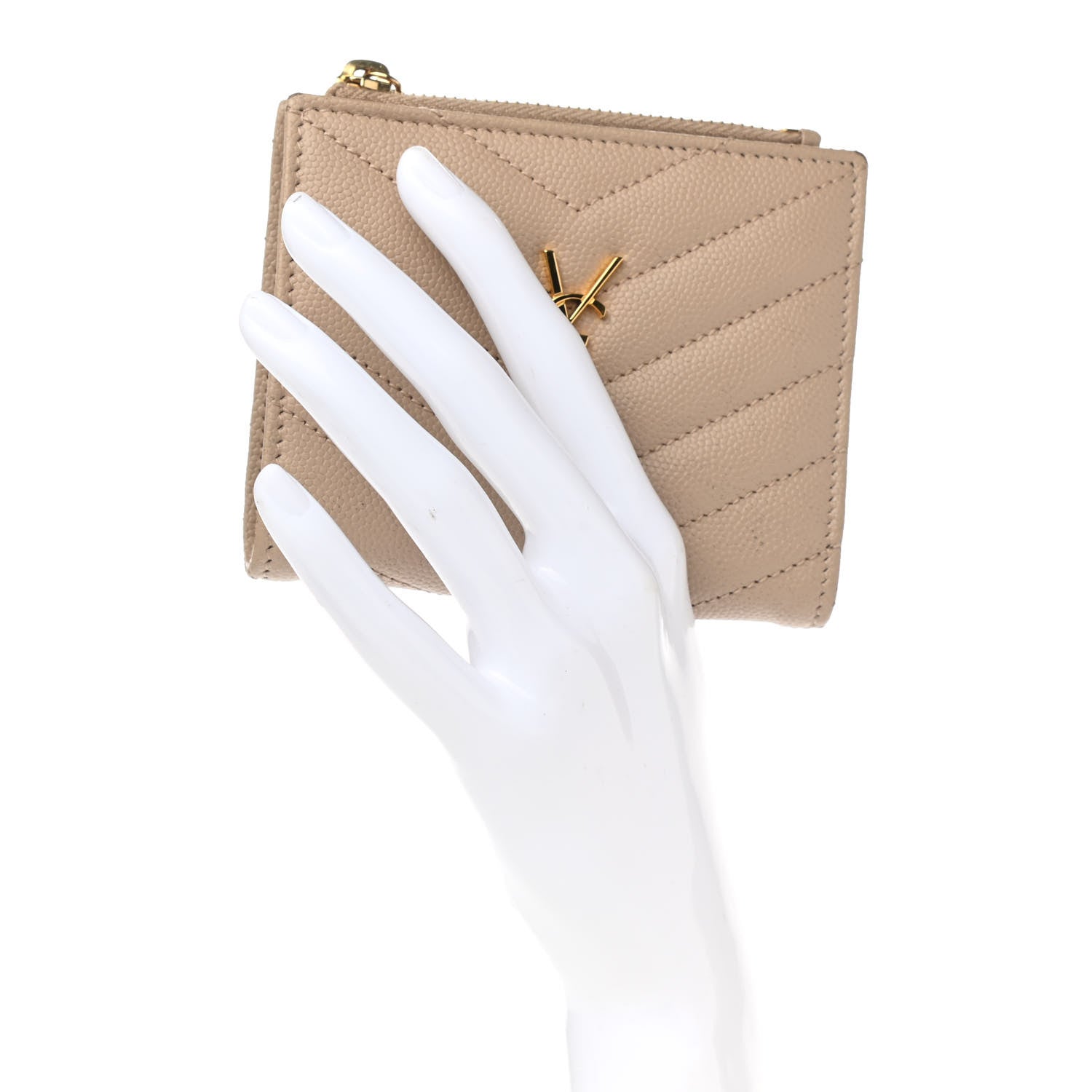 Saint Laurent Grain De Poudre Matelasse Chevron Monogram Zipped Card Case Nude Powder 2 of 9