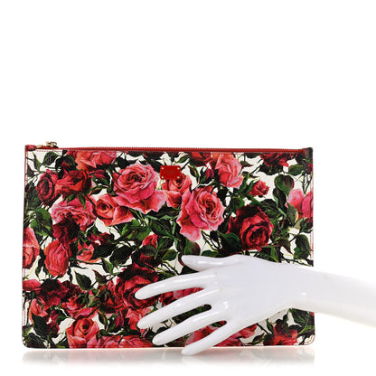 Dolce & Gabbana Calfskin Rose Print Zip Pouch Red Multicolor 2 of 9