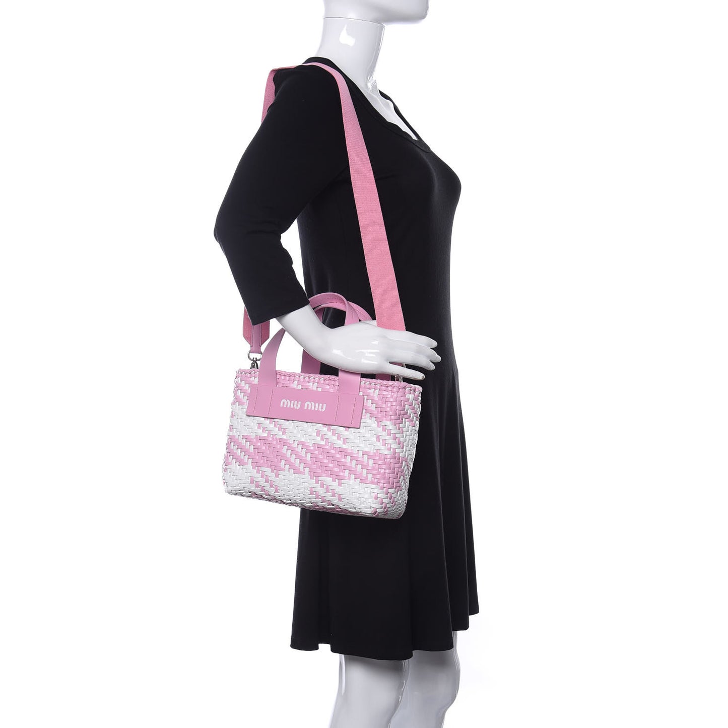 Polyurethane Calfskin Woven Bi-Color Tote Pink White