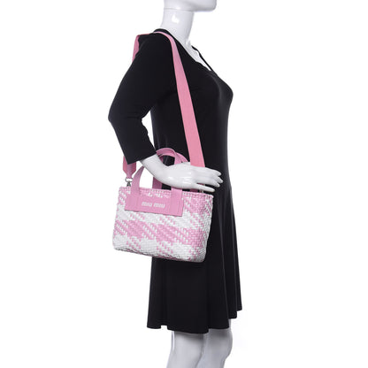 Miu Miu Polyurethane Calfskin Woven Bi-Color Tote Pink White 2 of 10