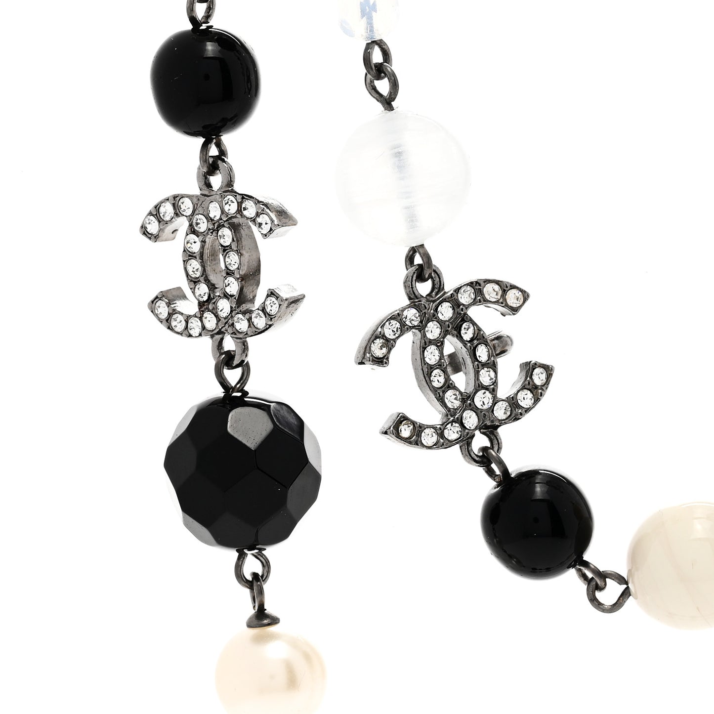 Pearl Beaded Crystal CC Long Necklace Black Silver