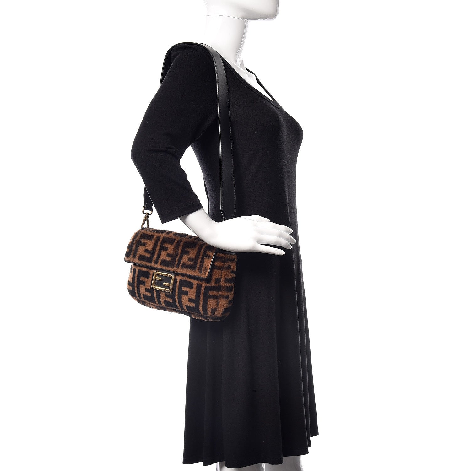 Fendi Shearling Vitello Dolce Macro FF 1974 Baguette Tobacco Black 3 of 10
