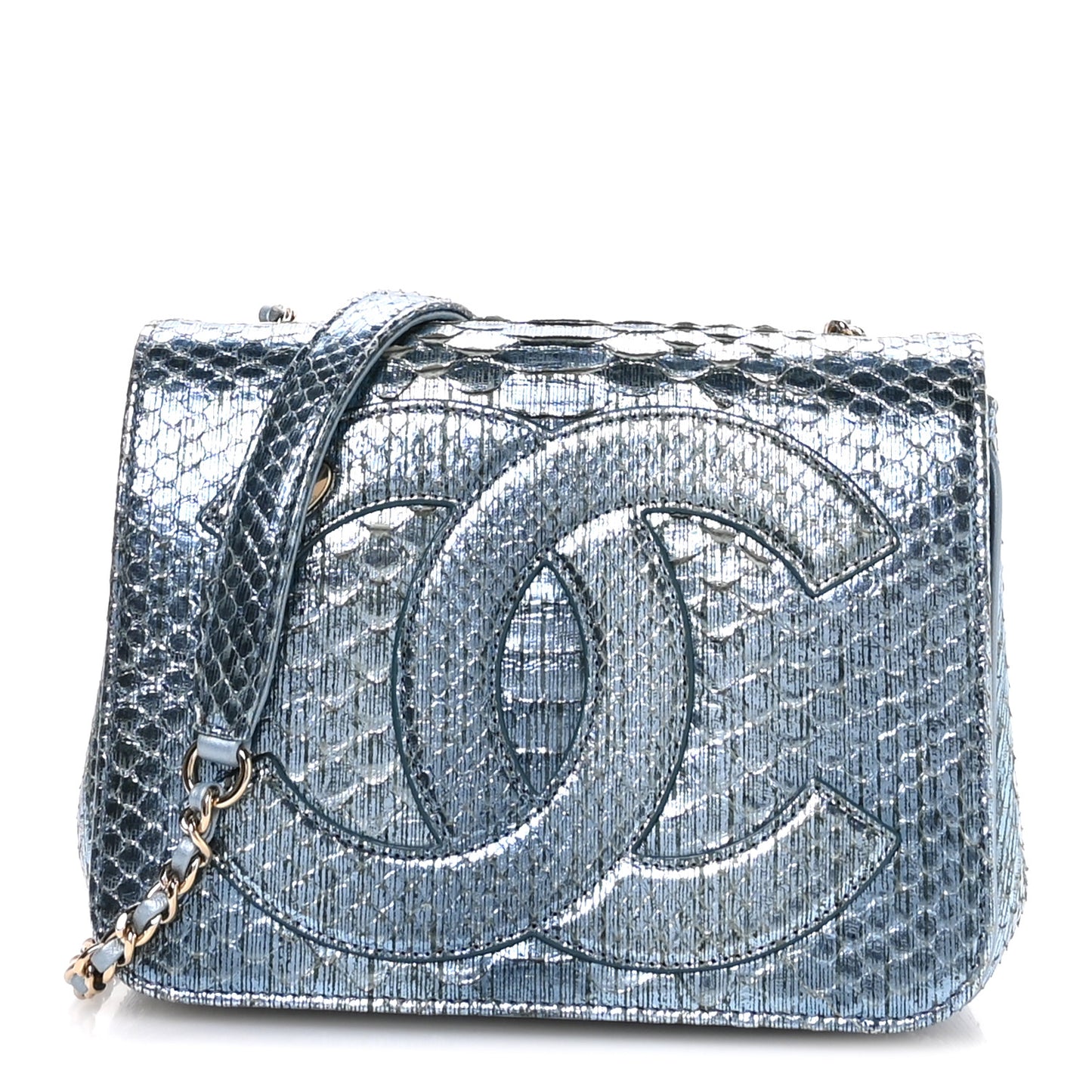 Metallic Snakeskin CC Flap Bag Blue