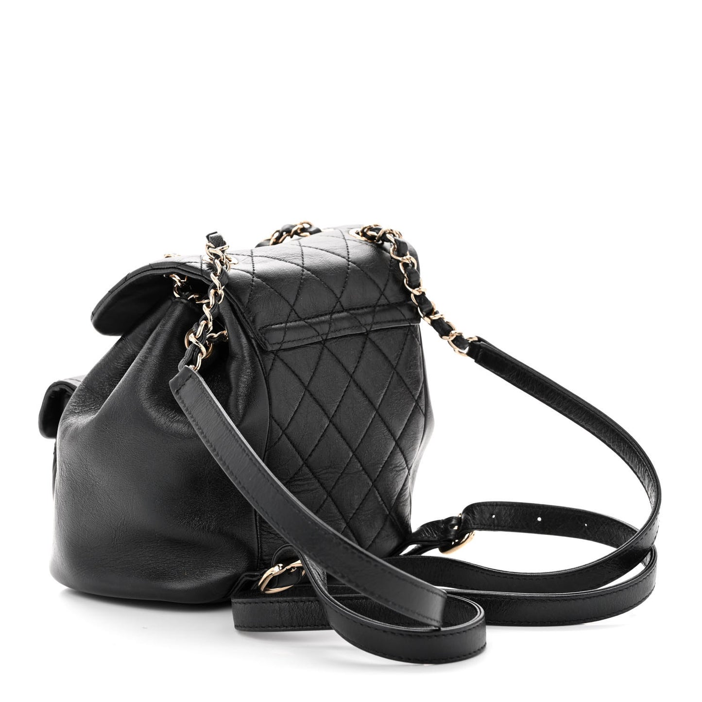 Glazed Aged Calfskin Quilted Small Duma Drawstring Backpack Black