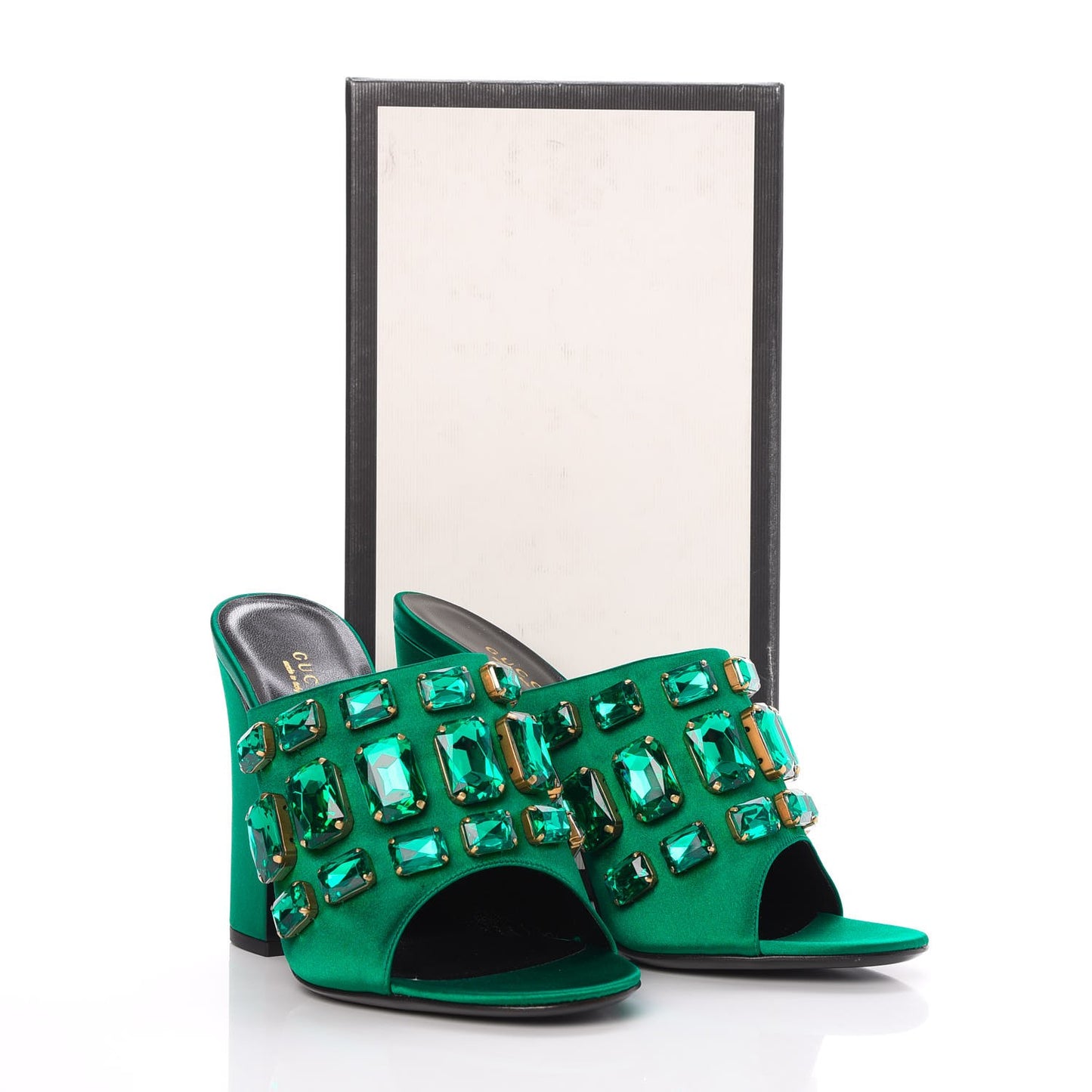 Silk Satin Crystal Embellished High Heel Slide Sandals 39.5 Emerald