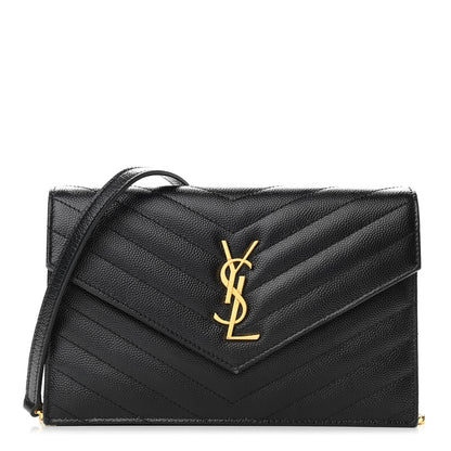 Saint Laurent Grain De Poudre Matelasse Chevron Monogram Envelope Chain Wallet Black 1 of 9