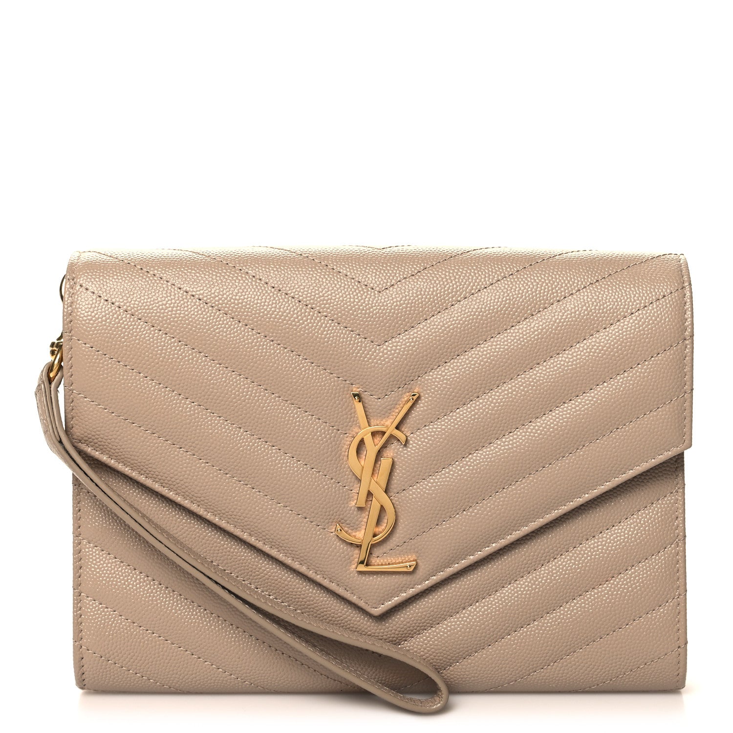 Saint Laurent Grain De Poudre Matelasse Chevron Monogram Cassandre Flap Pouch Dark Beige 1 of 11