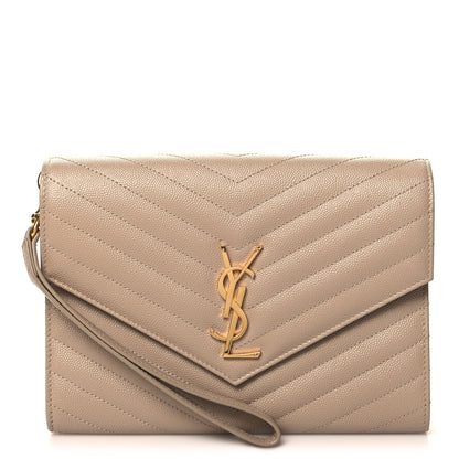 Saint Laurent Grain De Poudre Matelasse Chevron Monogram Cassandre Flap Pouch Dark Beige 1 of 11