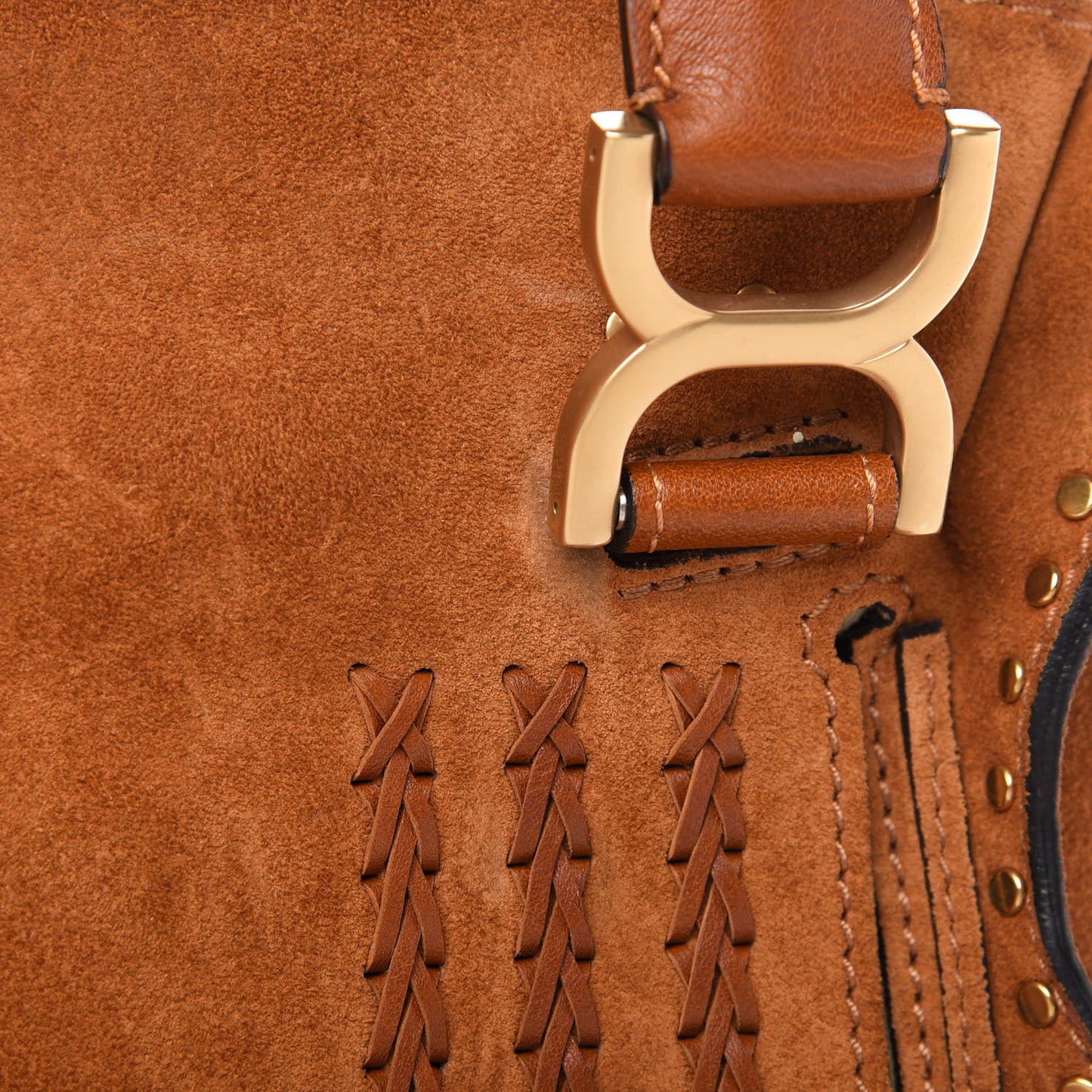 Suede Calfskin Braided Medium Marcie Satchel Caramel
