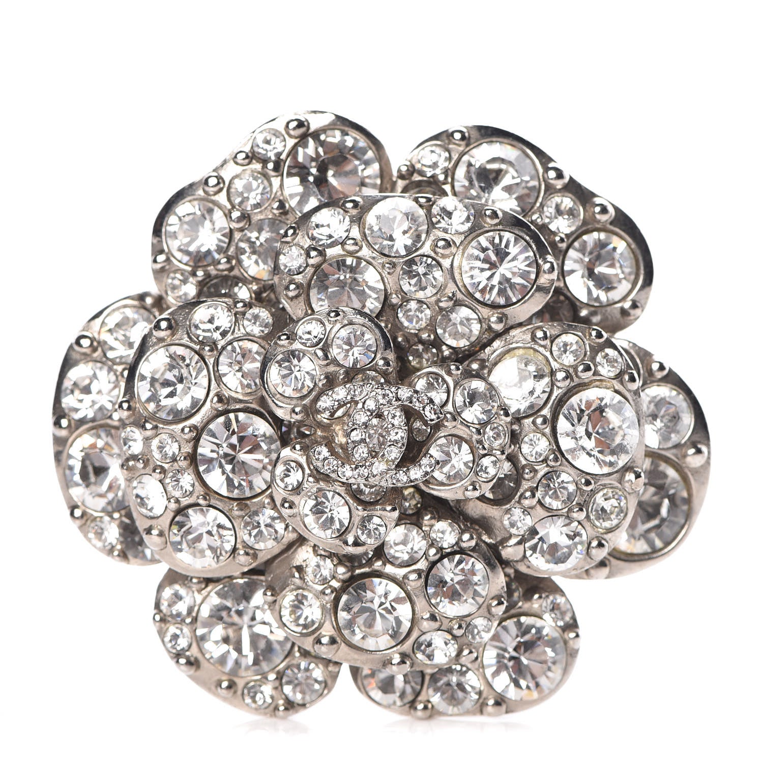 Chanel Swarovski Crystal Camellia CC Brooch Silver 1 of 5