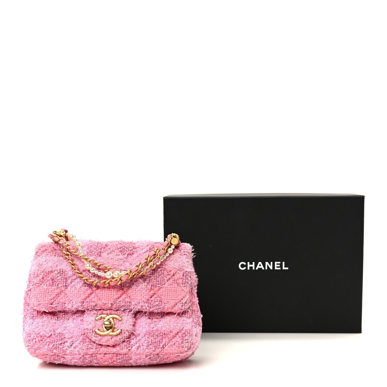 Chanel Tweed Quilted Pearl Twist Mini Square Flap Pink Dark Pink 12 of 12