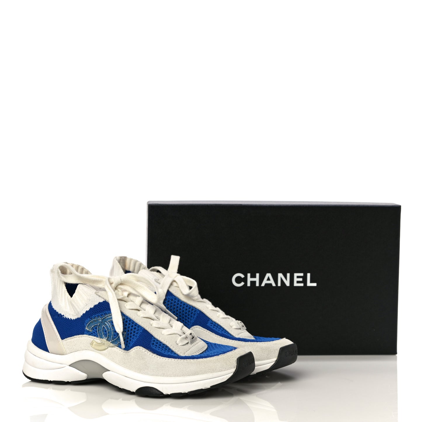 Fabric Suede Calfskin Stretch CC Sneakers 36 White Blue