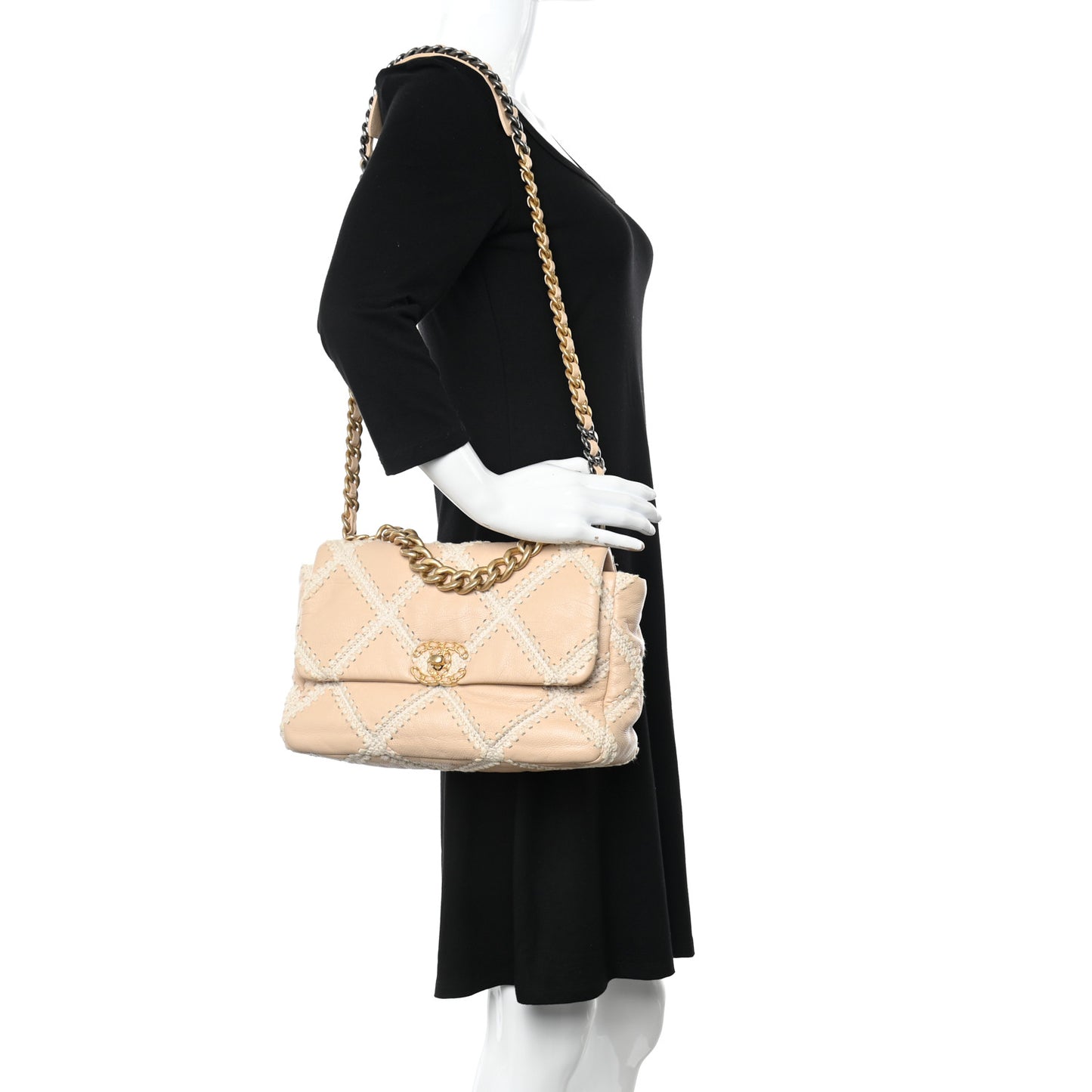 Calfskin Crochet Large Chanel 19 Flap Beige