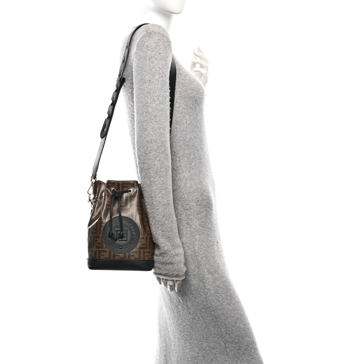 Fendi Glazed Fabric Vitello Grace F is Fendi FF 1974 Stamp Patch Grande Mon Tresor Bucket Bag Mogano Panna Black 2 of 10