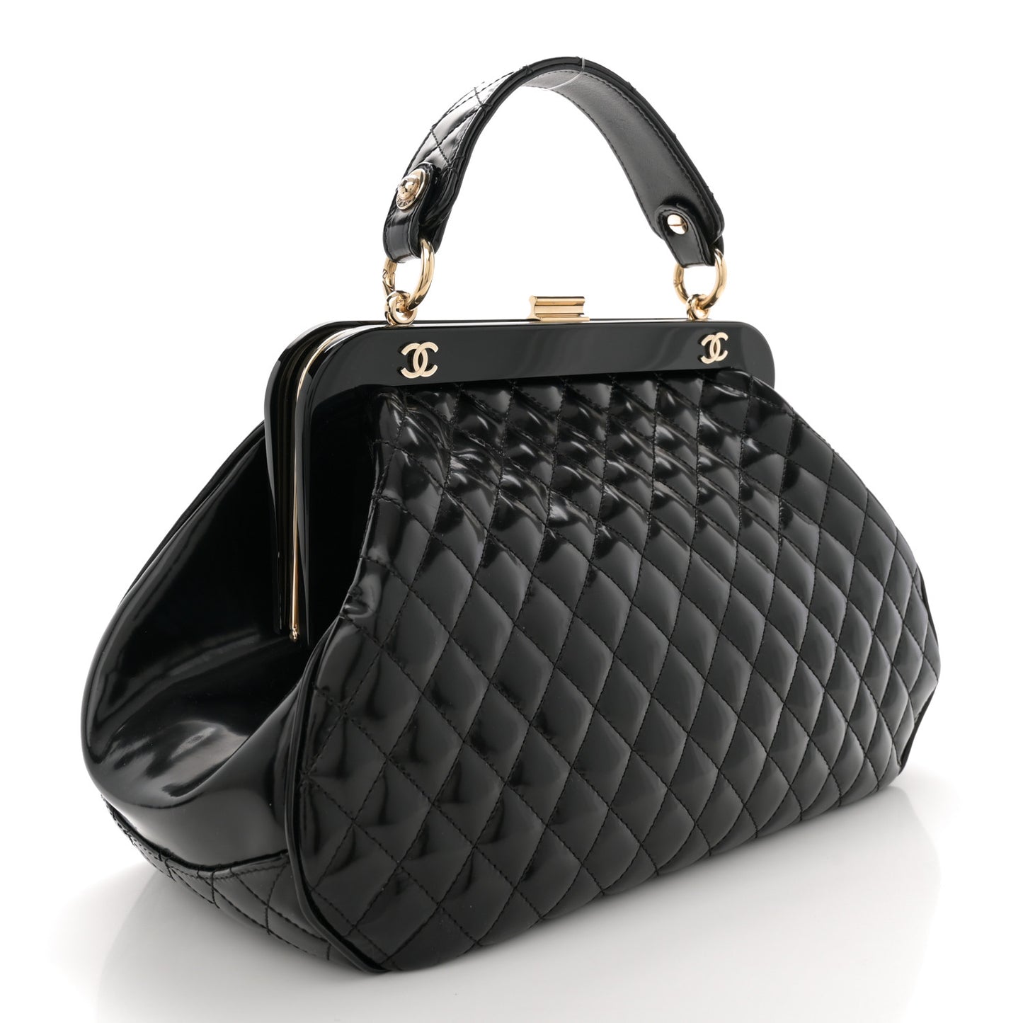 Glazed Calfskin Quilted Small Mademoiselle Frame Bag Black