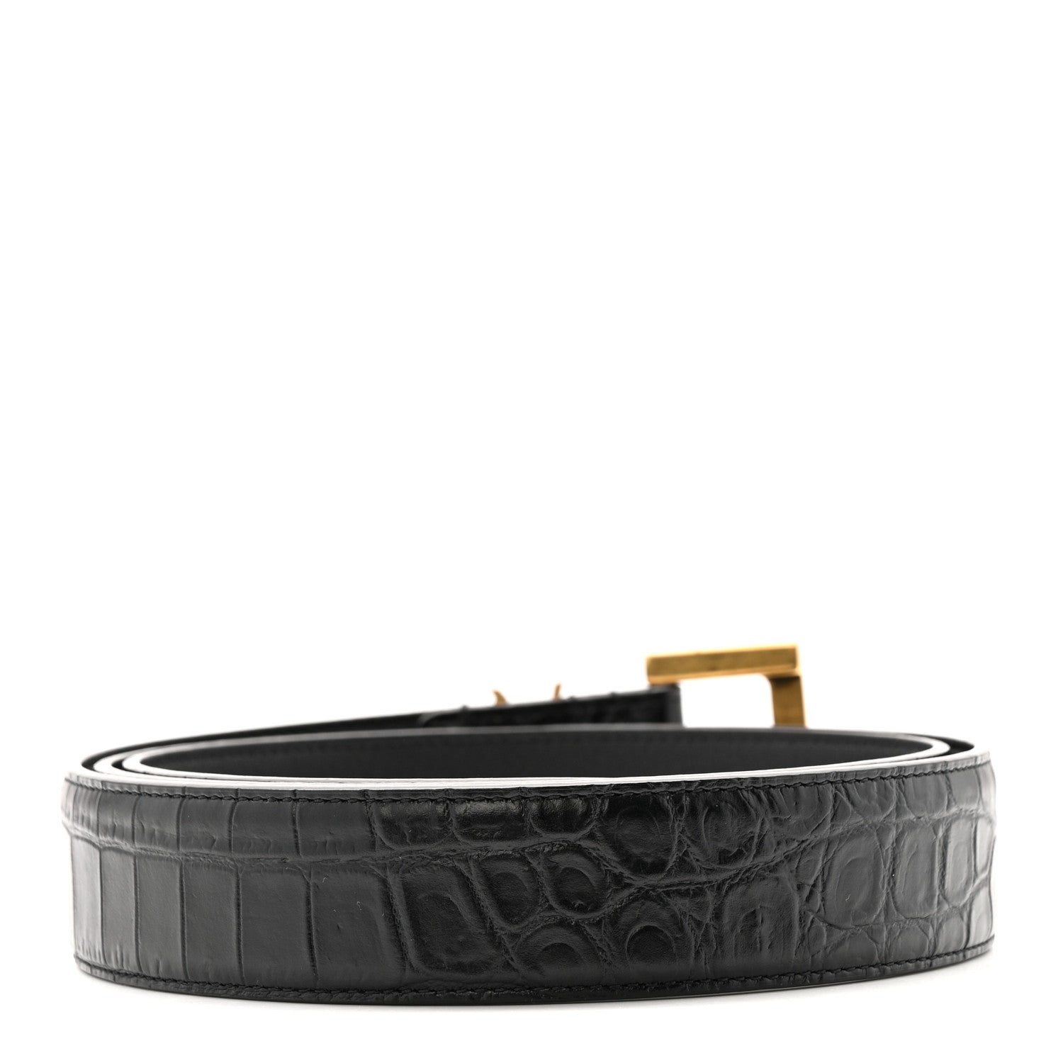 Saint Laurent Calfskin Crocodile Embossed Monogram Square Buckle Belt 100 40 Black 2 of 7