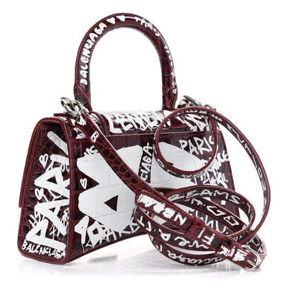 Balenciaga Calfskin Graffiti Crocodile Embossed Hourglass Top Handle Bag XS Dark Red White 3 of 9