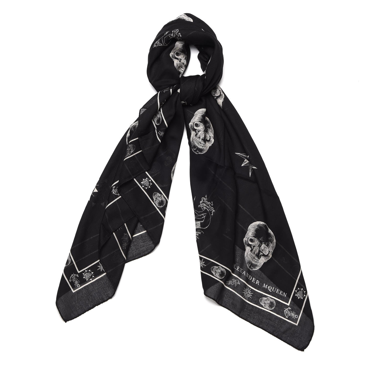 Alexander McQueen Silk Chiffon Skull Tattoo Scarf Black Ivory 1 of 5
