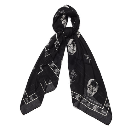 Alexander McQueen Silk Chiffon Skull Tattoo Scarf Black Ivory 1 of 5