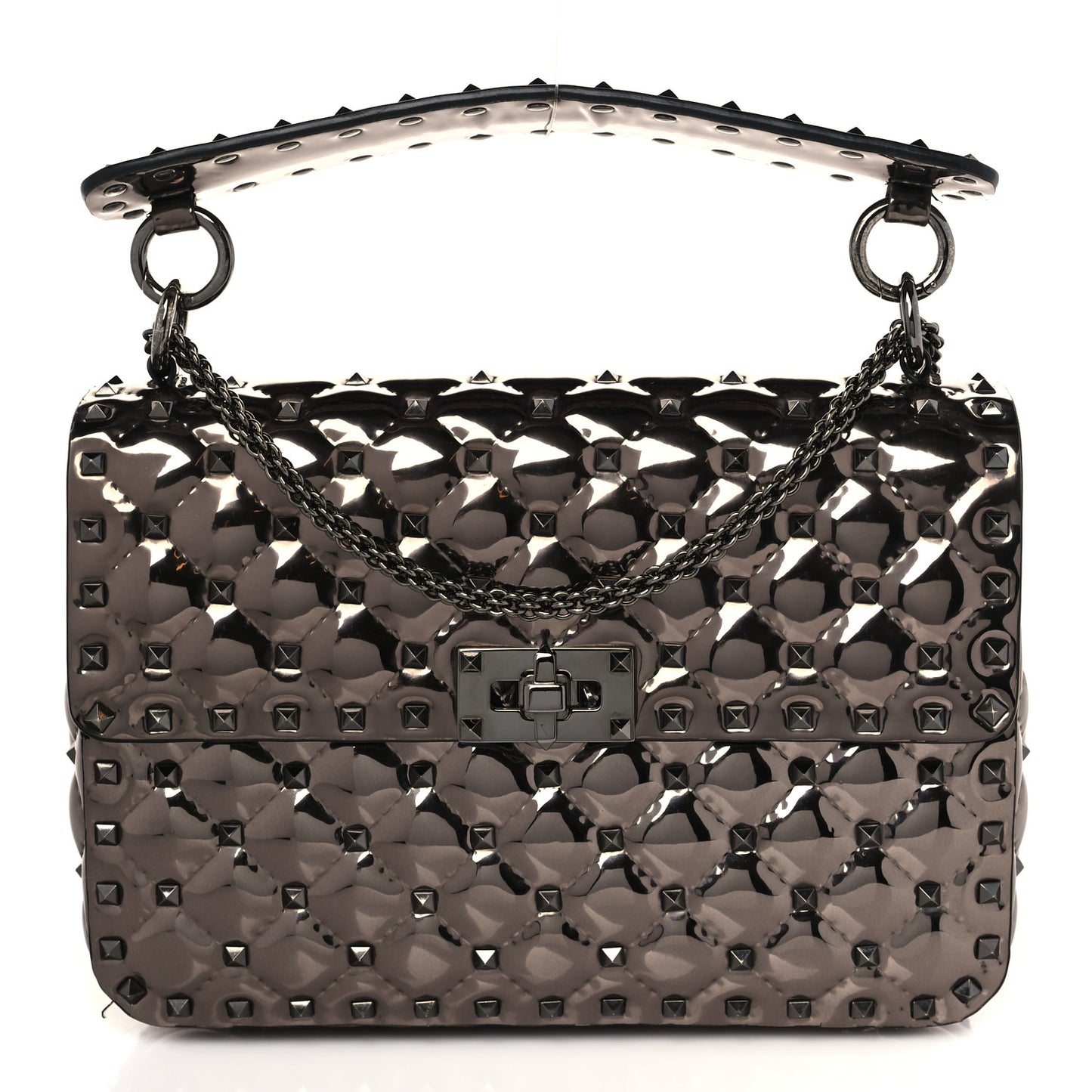 Metallic Patent Medium Rockstud Spike Shoulder Bag Rutenio