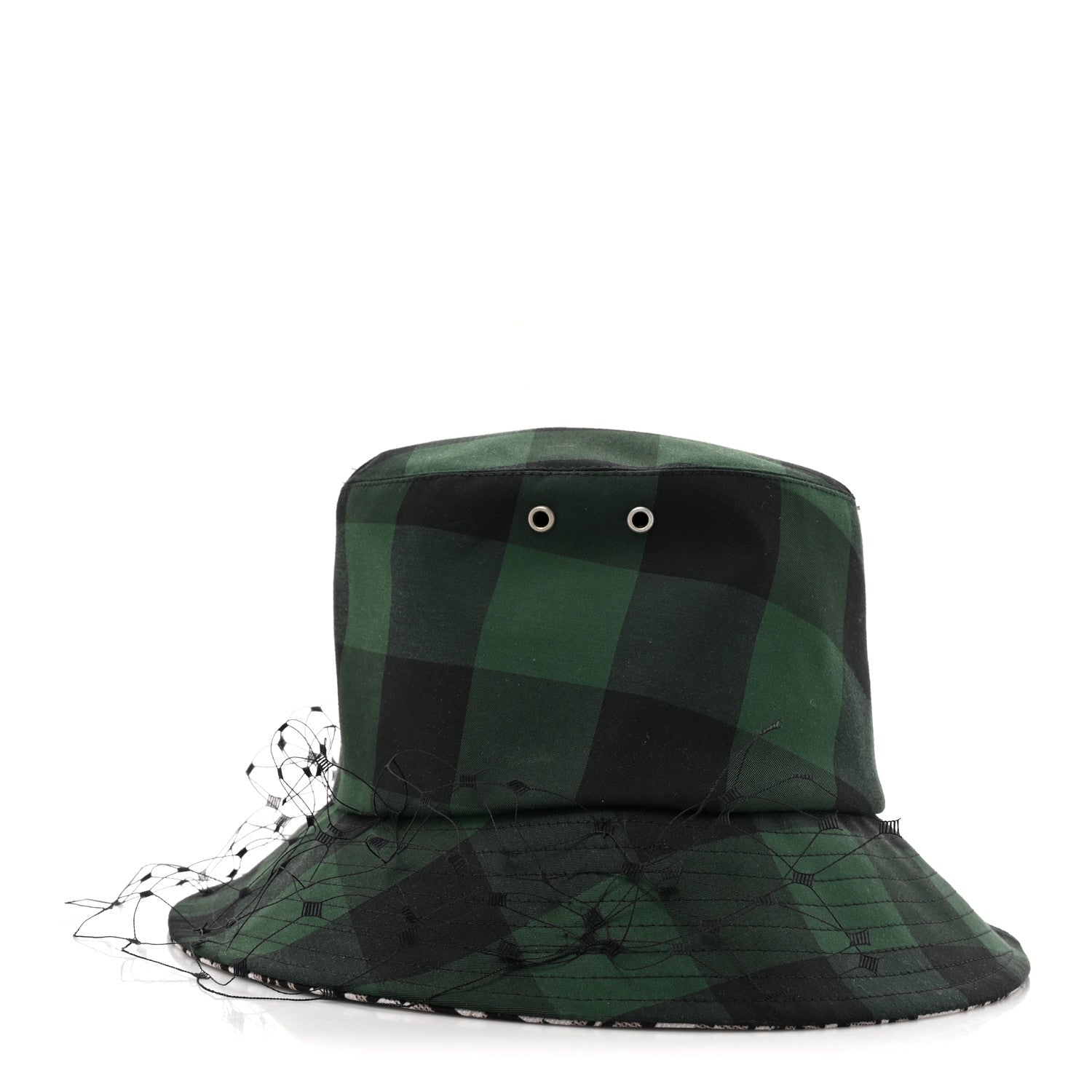 Christian Dior Cotton Large Brim Bucket Hat with Veil 57 Green Black 6 of 8