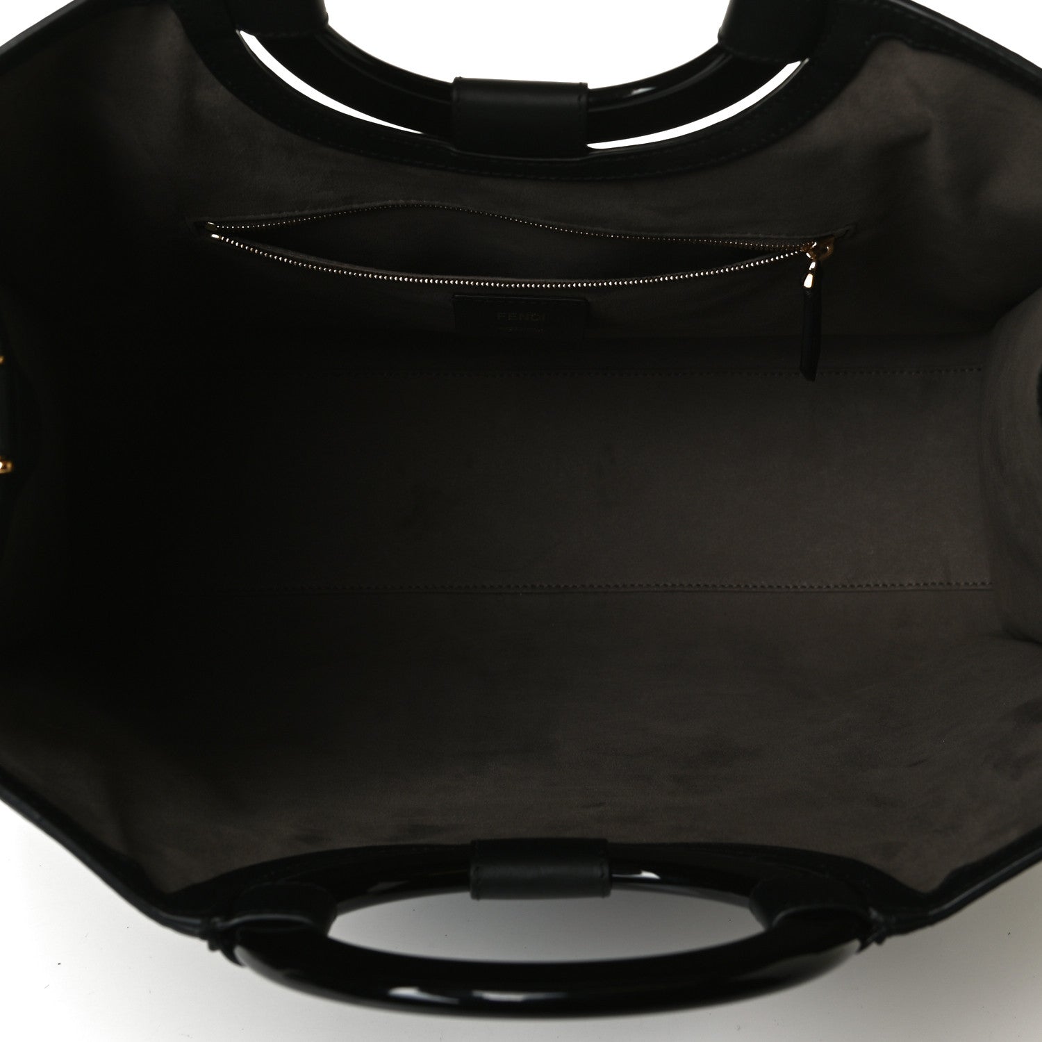 Fendi Glazed Fabric Vitello Century Plexiglass FF 1974 Stamp Patch Medium Runaway Shopper Tote Mogano Panna Black 5 of 17