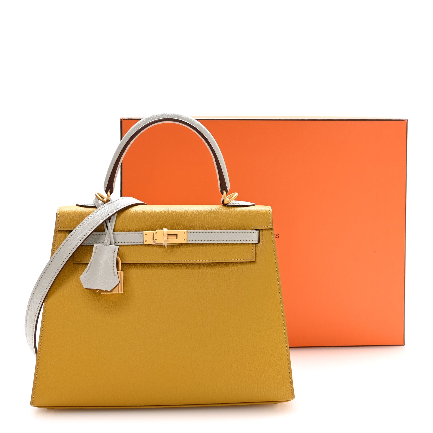 Hermes Chevre Mysore Horseshoe Kelly Sellier 25 Jaune Ambre Bleu Glacier 11 of 11