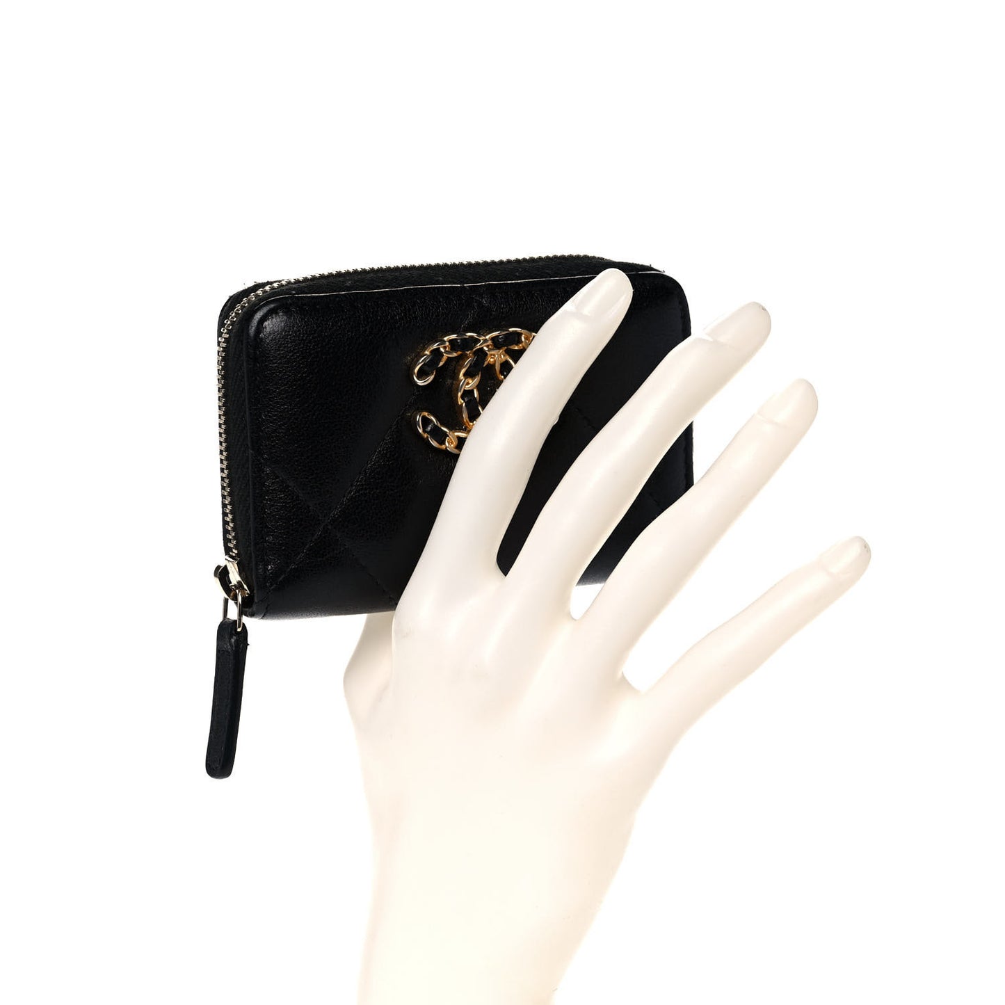 Shiny Goatskin Quilted Chanel 19 Zip Around Coin Purse Wallet Black