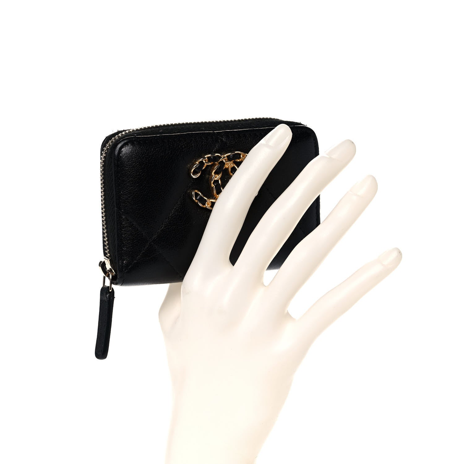 Chanel Shiny Goatskin Quilted Chanel 19 Zip Around Coin Purse Wallet Black 2 of 13