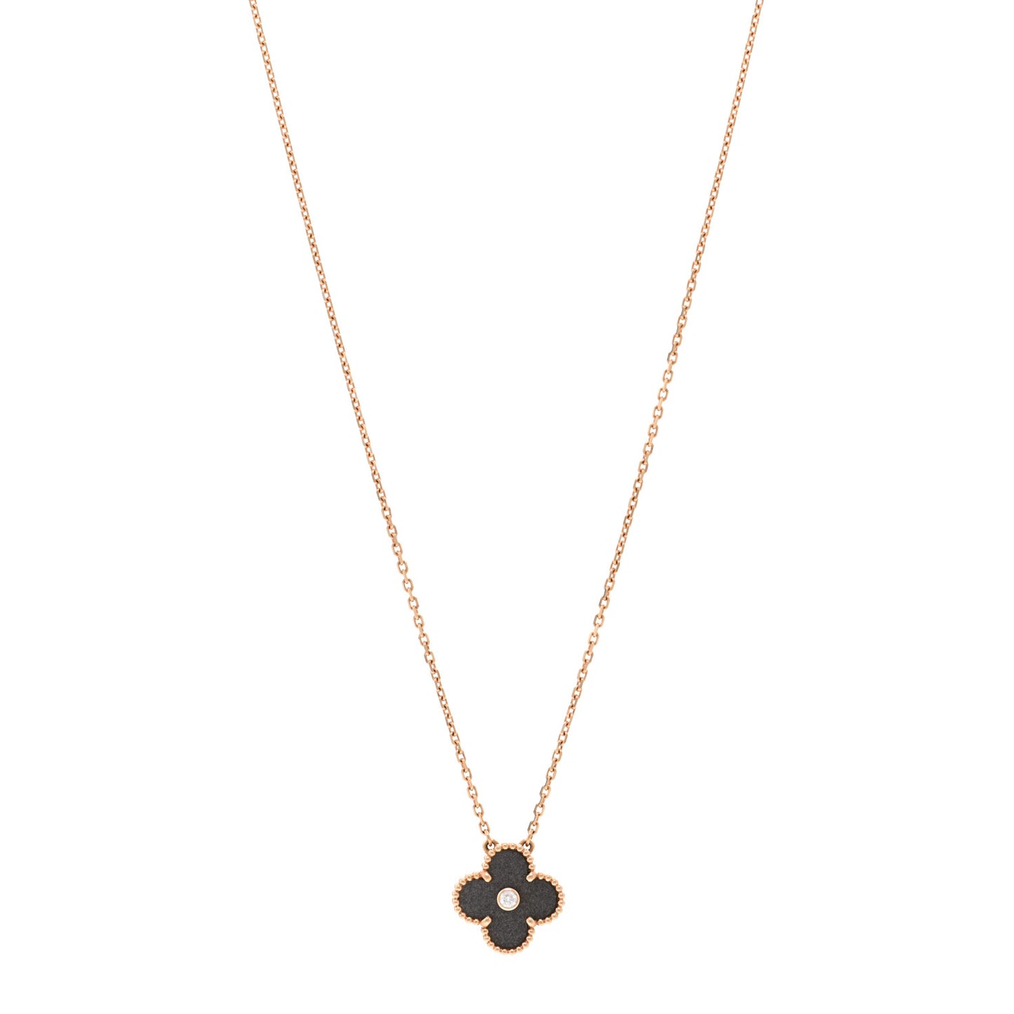 18K Rose Gold Diamond Silver Obsidian Vintage Alhambra Pendant Necklace