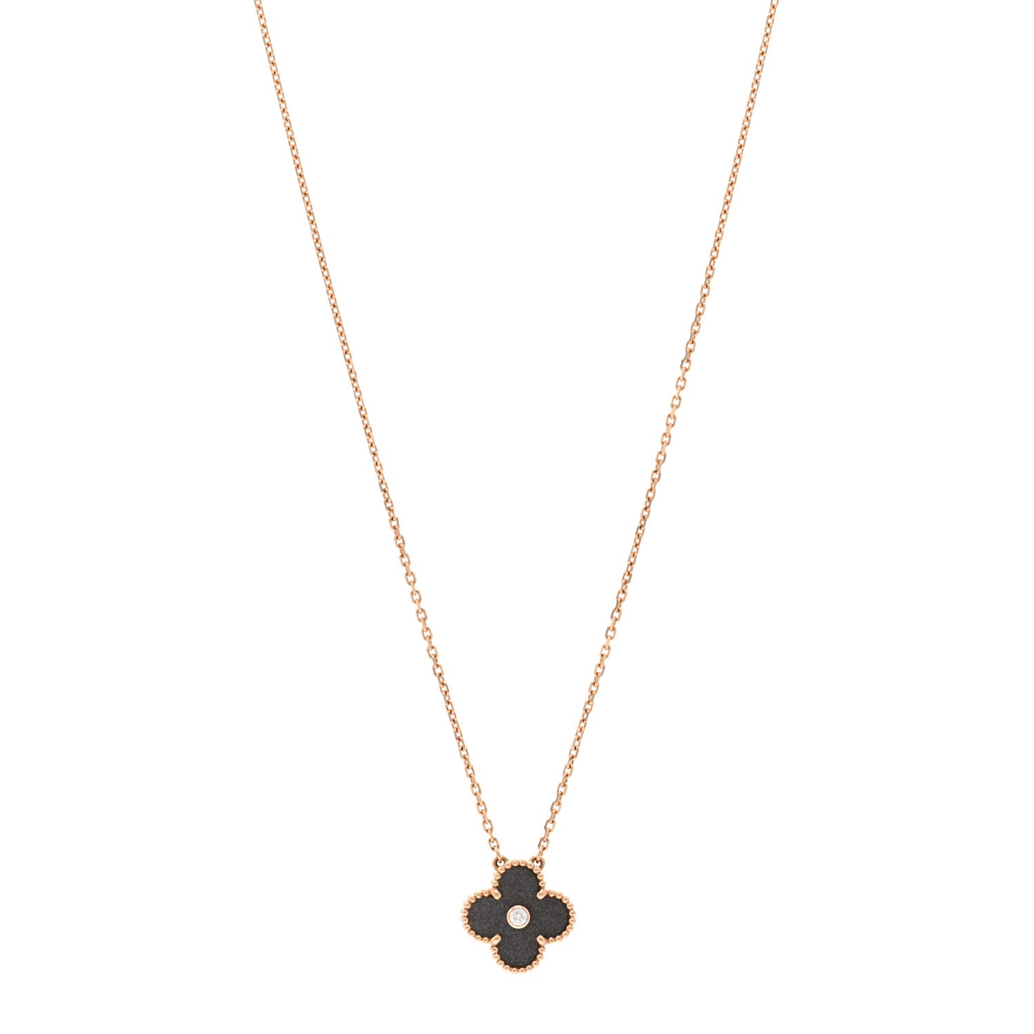 Van Cleef & Arpels 18K Rose Gold Diamond Silver Obsidian Vintage Alhambra Pendant Necklace 1 of 6
