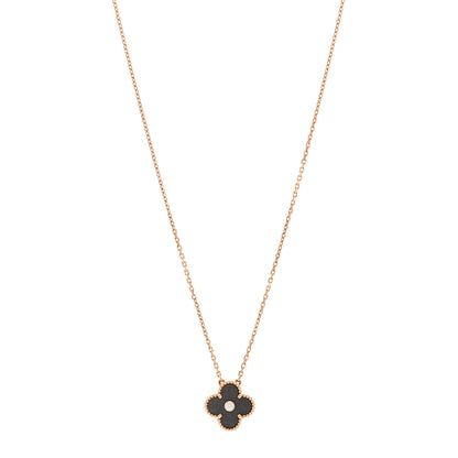 Van Cleef & Arpels 18K Rose Gold Diamond Silver Obsidian Vintage Alhambra Pendant Necklace 1 of 6