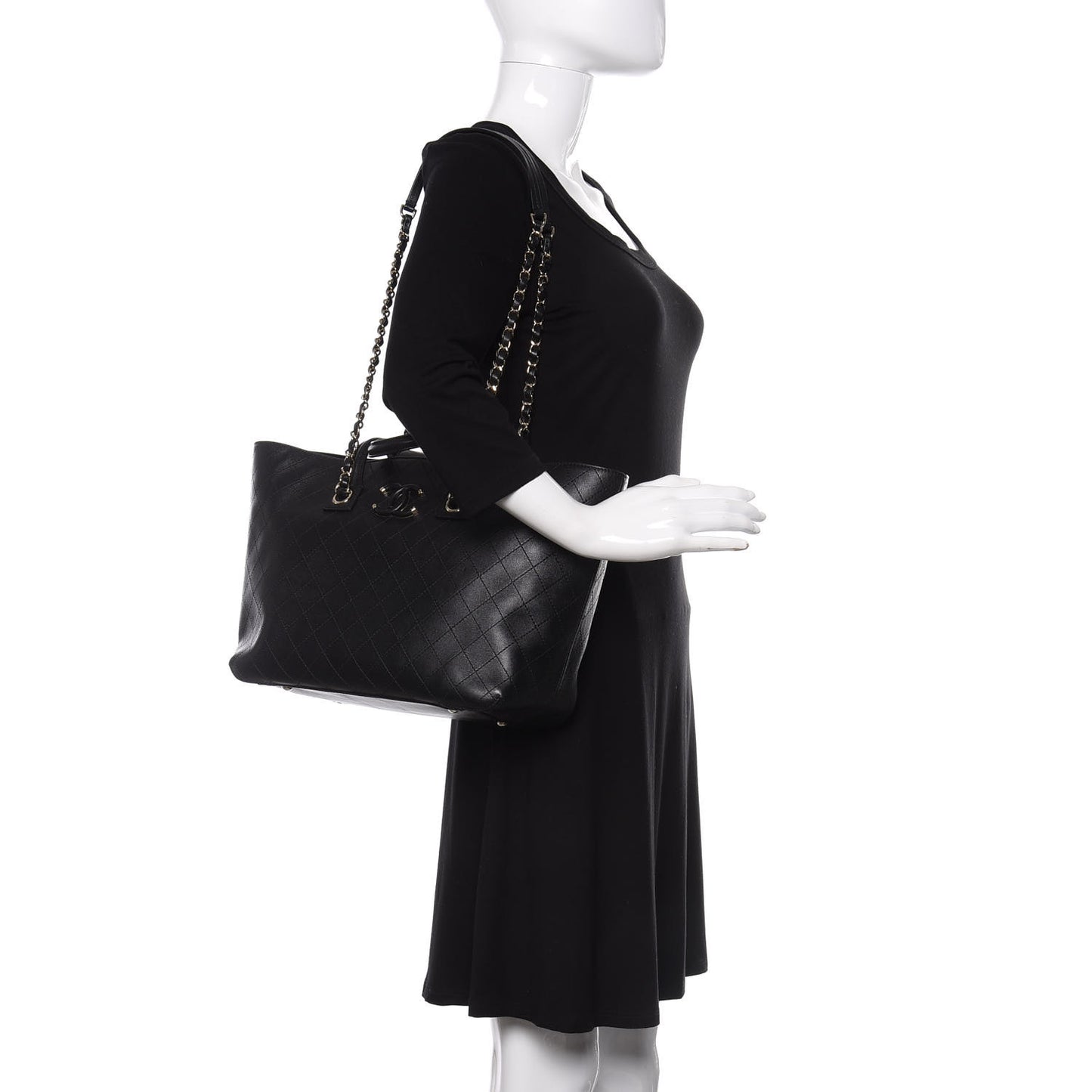Calfskin Stitched Shopping Tote Black