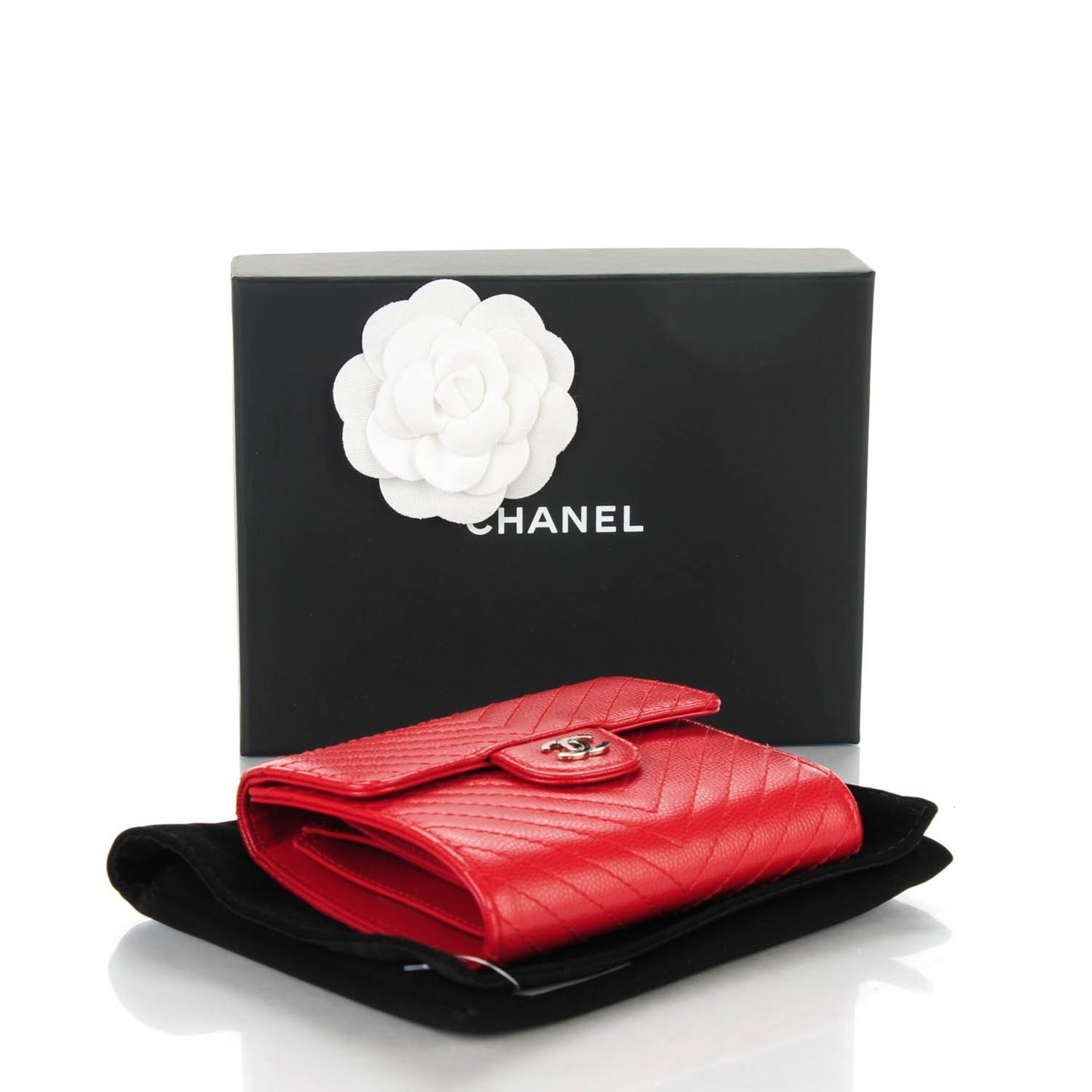 Caviar Chevron Quilted Compact Flap Wallet Dark Red