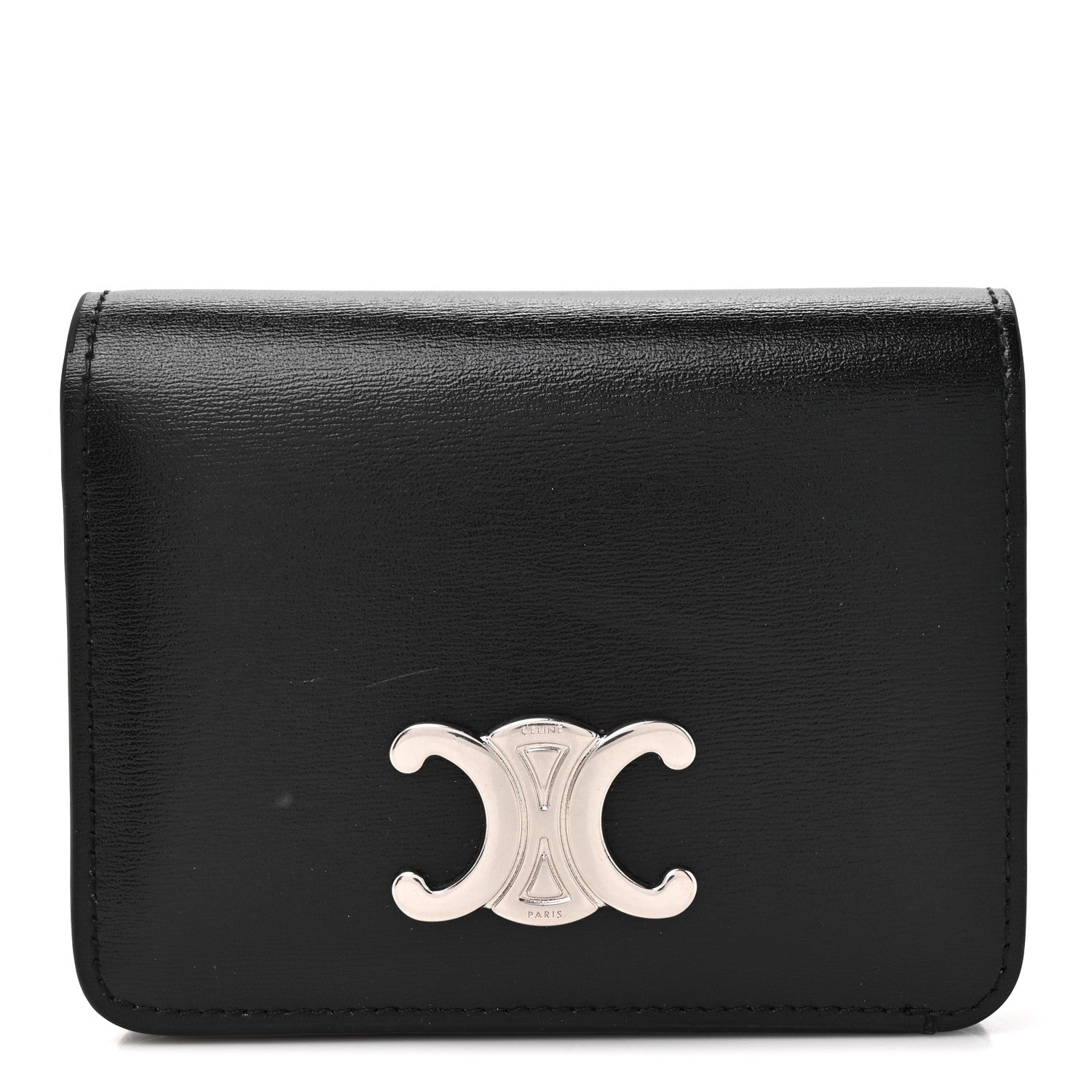 Celine Shiny Calfskin Triomphe Compact Wallet Black 1 of 10
