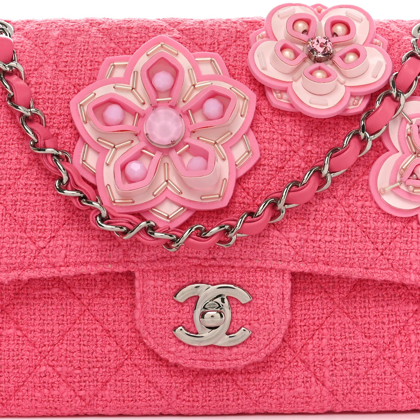 Tweed Crystal Bead Flower Embellished Quilted Medium Double Flap Pink