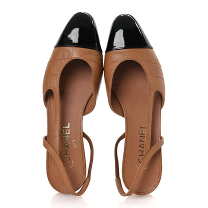 Chanel Calfskin Crocodile Embossed Patent Cap Toe CC Slingback Pumps 38.5 Brown Black 2 of 12