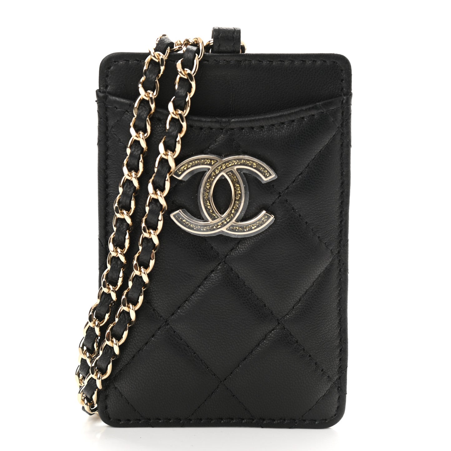 Lambskin Quilted Glitter Card Holder On Chain Black